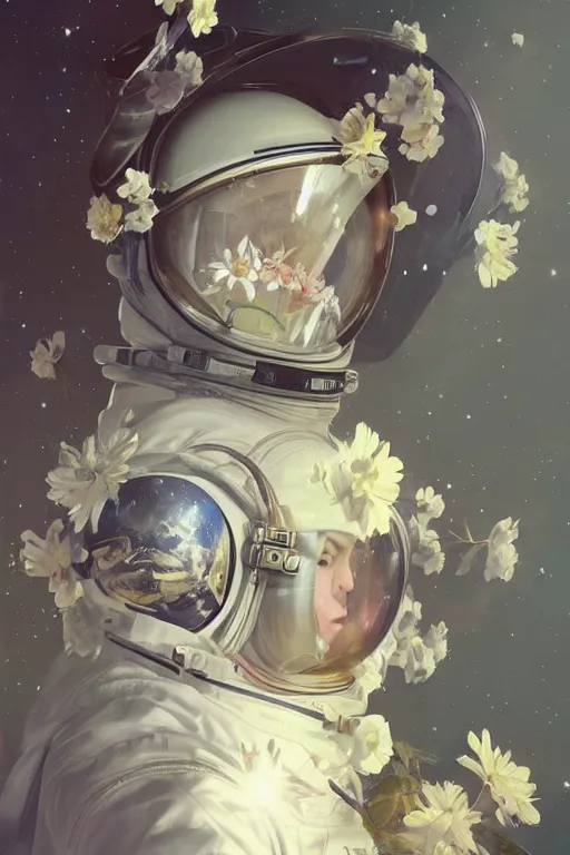 Image similar to ultra realistic illustration, astronaut in space with flowers blossoming from helmet, elegant, highly detailed, digital painting, concept art, smooth, sharp focus, illustration, art by artgerm and greg rutkowski and alphonse mucha