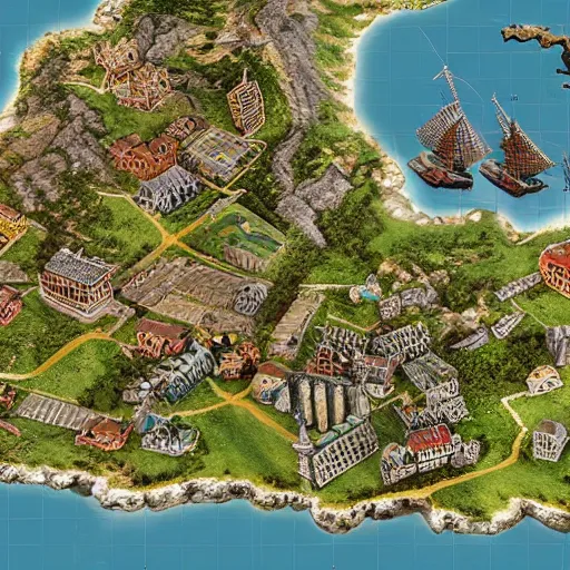 Prompt: miniature, h0, 1:87, highly detailed, satellite image, game map, casual game, anno 1602, landscape