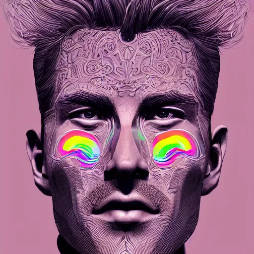 Image similar to the head of a beautiful and elegant man partially made of rainbows, an ultrafine detailed illustration by james jean, final fantasy, intricate linework, bright colors, behance contest winner, vanitas, angular, altermodern, unreal engine 5 highly rendered, global illumination, radiant light, detailed and intricate environment