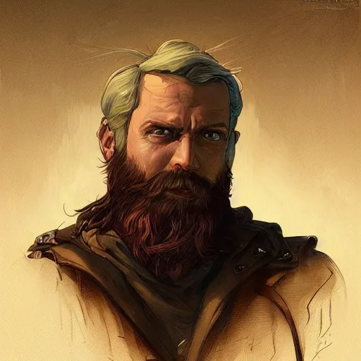 Image similar to bearded gunslinger, painted fantasy character portrait, headshot, fantasy, highly detailed, digital painting, artstation, concept art, sharp focus, illustration, art by the golden age of American illustration archive, artgerm and greg rutkowski and alphonse mucha