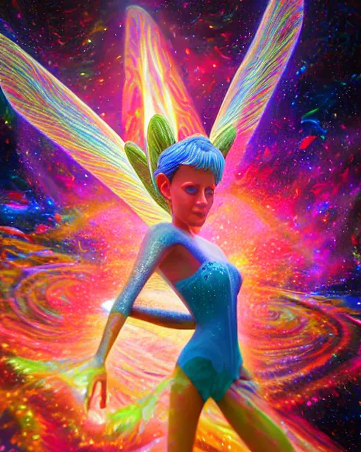 Image similar to portrait ultra dimensional tinker bell, accidentally tripping on dmt and acid, psychedelic experience, overwhelming psychosis of self realization and burning awakening, ultra high definition, unreal engine 5, hyperrealism, masterpiece composition, by casey weldon, barclay shaw 8 k photorealistic