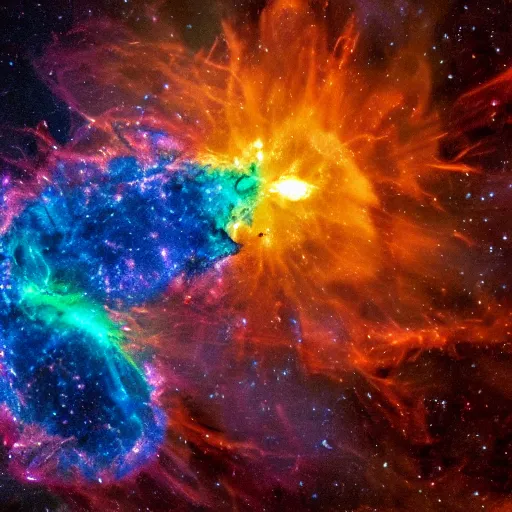 Prompt: a vivid space nebula, flowting in international space, forming starts, supernova explosions