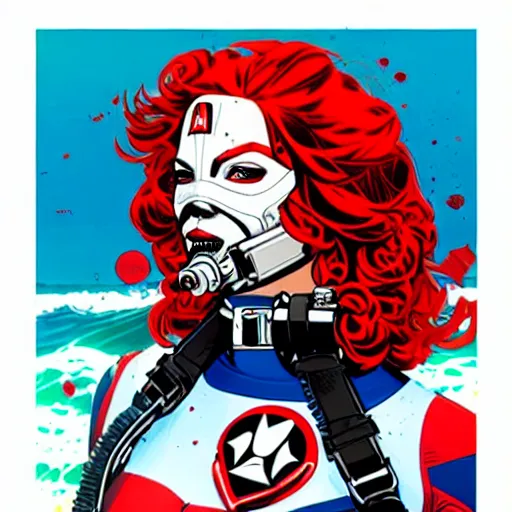 Prompt: a profile photo of a red head woman with a diving oxygen mask with side profile blood in ocean intricate details by MARVEL comics and Sandra Chevrier-C