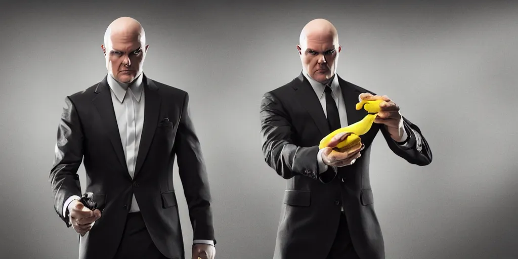 Image similar to agent 4 7 holding a banana, studio photo, award winning photography, dynamic lighting, hdr, stunning scenery, 8 k, incredible detail, beautiful