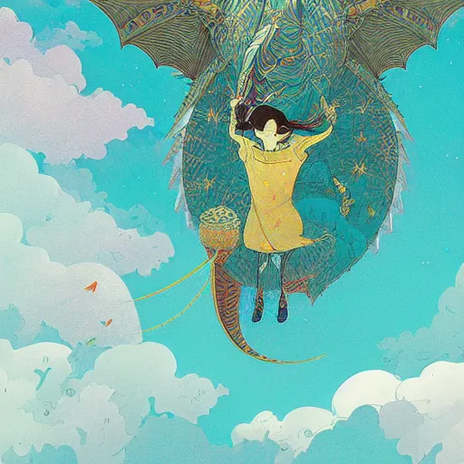 Prompt: The dragon that flies in the sky by Victo Ngai