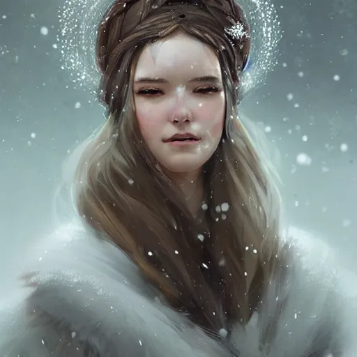 Image similar to a beautiful portrait of an winter goddess with ice hair by Greg Rutkowski and Raymond Swanland, snowflakes falling, Trending on Artstation, ultra realistic digital art