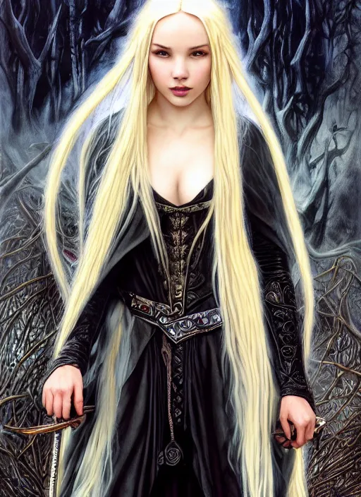 Prompt: mystical gothic mage blonde braided hair dove cameron riding a massive wolf in the mountain, heavy cloak, black leather accents, cloth jerkin, dead forest, fantasy character portrait, ultra realistic, intricate, elegant, highly detailed, digital painting, artstaion, smooth, sharp, focus, illustration, art by artgerm and greg rutkowski and alphonse mucha