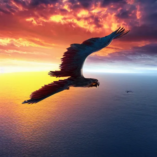 Prompt: a close - up shot of a phoenix flying over an island, golden hour, digital art, award - winning, hyper detailed, 4 k, smooth, sharp focus, trending