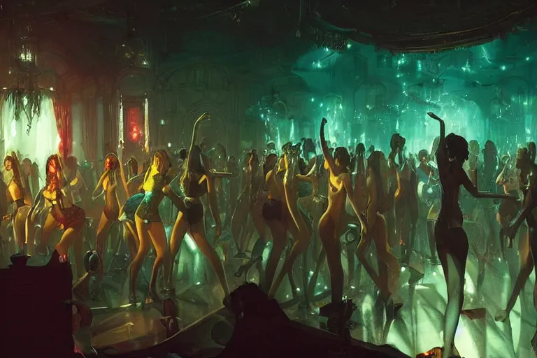 Image similar to night club, girls dance, cinematic lighting, exaggerated detailed, unreal engine, art by greg rutkowski & peter mohrbacher