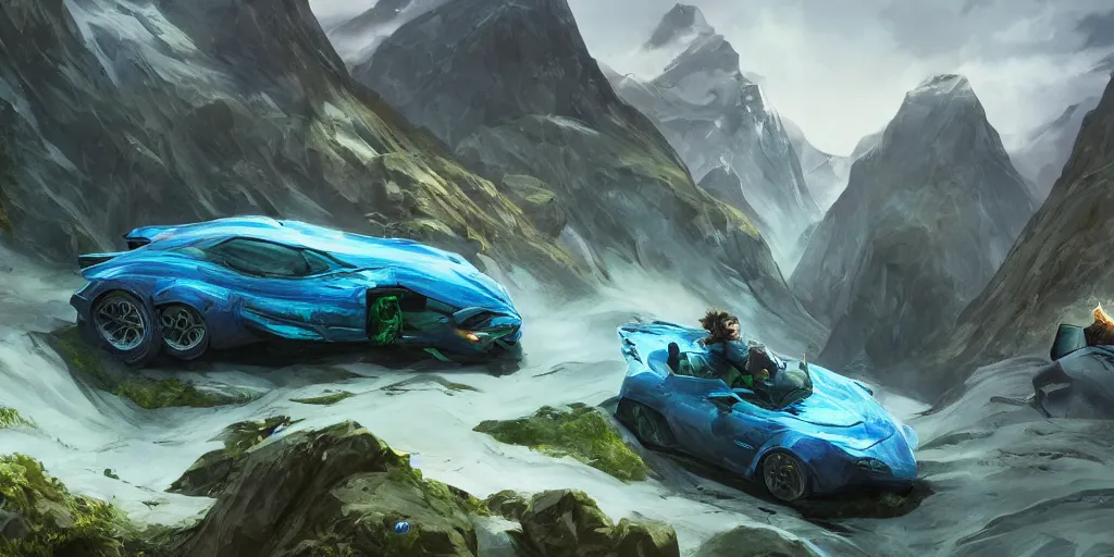 Image similar to wide angle, blue knight, green hatchback car, glacier landscape, norway, D&D, fantasy, intricate, elegant, highly detailed, digital painting, artstation, octane render, concept art, matte, sharp focus, illustration, hearthstone, art by Artgerm and Greg Rutkowski and Alphonse Mucha