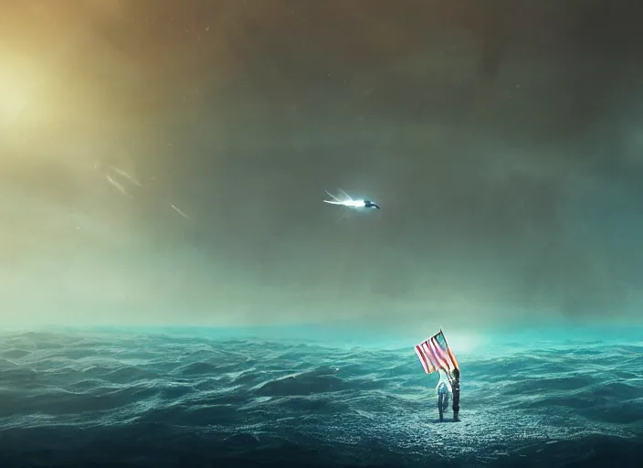 Image similar to astronaut holding a flag in an underwater desert. a submarine is visible in the distance. dark, concept art, cinematic, dramatic, atmospheric, 8 k, trending on artstation, blue, fish, low visibility, fog, ocean floor, christopher nolan, interstellar