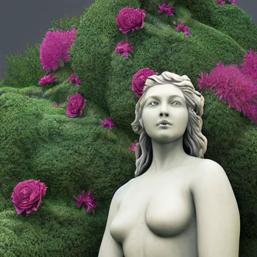 Image similar to an idealistic marble statue with flowery hair in a fractal garden, unreal engine, 8k render, beautiful, full frame,