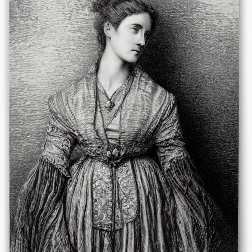 Image similar to realistic portrait of a victorian woman, illustration by Gustave Doré