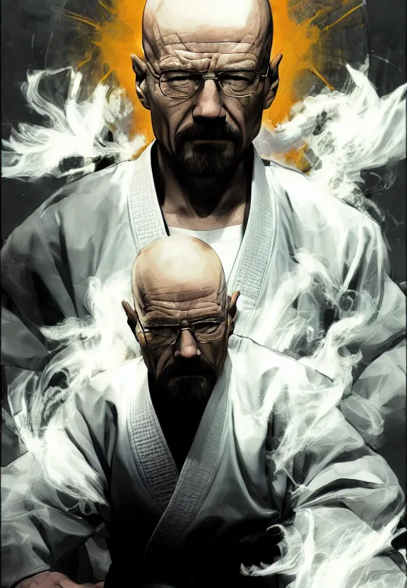 Prompt: serene Concept art of grandmaster walter white wearing a white martial artist gi, bald head and white beard, surrounded by white smoke, smoky, by Chen Uen, art by Yoji Shinkawa, 4k