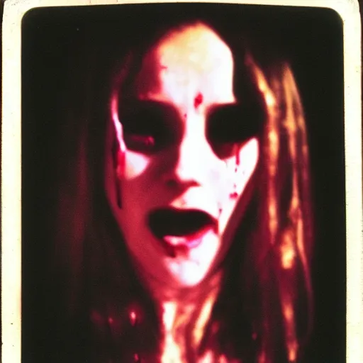 Image similar to a dark film still of lady with demonic possession, big budget horror, a polaroid photo, bleeding decaying colors!