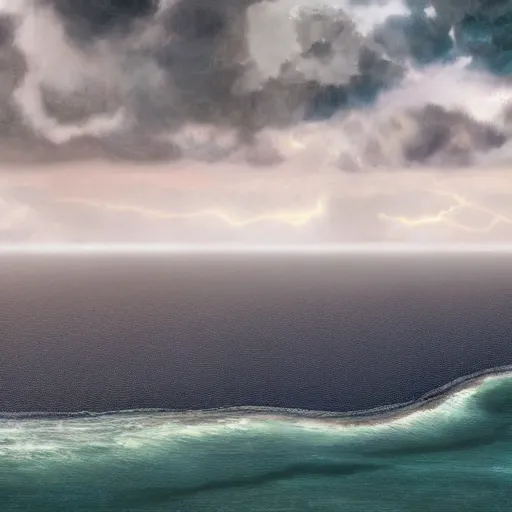 Prompt: An exceptionally calm ocean!!!!! stretching as far as the eye can see, with thunderstorm!!!!! skies, photorealistic imagery, rainy!!!!! atmosphere, grim!!!!! and photorealistic art style, trending on arstation, 4k, 8k