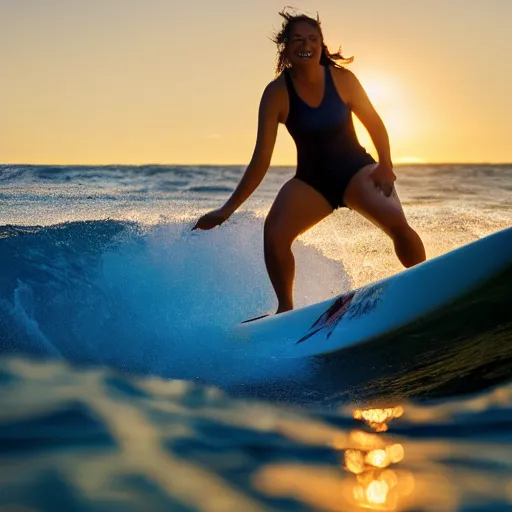 Prompt: queen elizabeth surfing in hawaii, smiling, having fun, golden hour, action photography