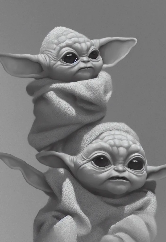 Prompt: a portrait of a baby yoda graphic design by palefroi, nanae kawahara, damien tran, risoprint, elements in a composition, white space, artstation, greyscale, artwork