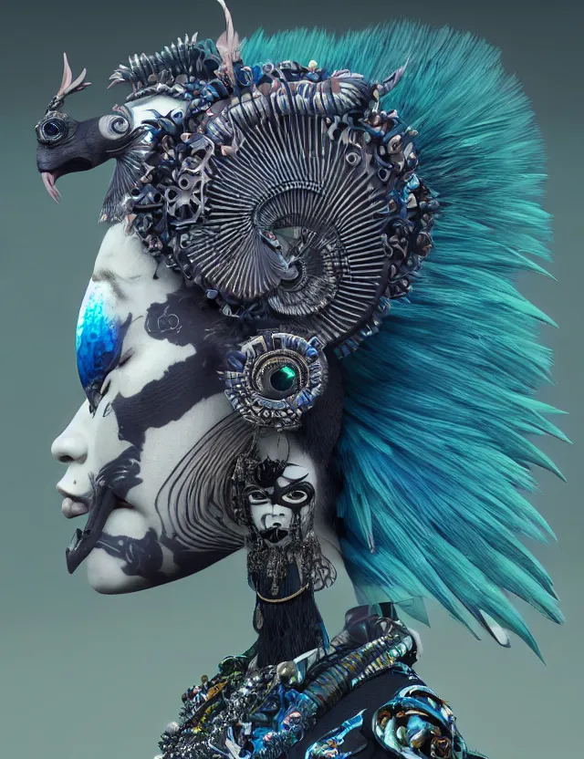 Image similar to 3 d goddess close - up profile portrait punk with mohawk with ram skull. beautiful intricately detailed japanese crow kitsune mask and clasical japanese kimono. betta fish, jellyfish phoenix, bio luminescent, plasma, ice, water, wind, creature, artwork by tooth wu and wlop and beeple and greg rutkowski