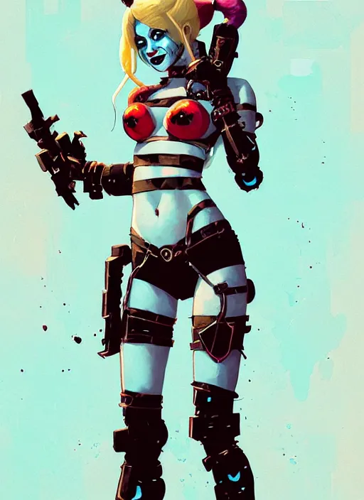 Image similar to portrait of cute harley quinn in cyber bikini armor, warhammer, cyberpunk, by atey ghailan, by greg rutkowski, by greg tocchini, by james gilleard, by joe fenton, by kaethe butcher, by gustav klimt, dynamic lighting, gradient light blue, brown, blonde cream and white color in scheme, grunge aesthetic