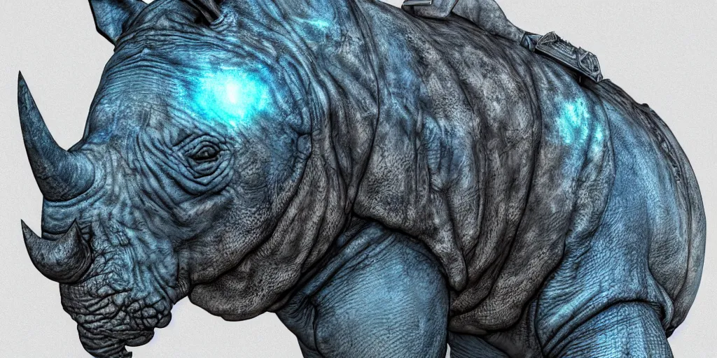 Image similar to hyperrealistic mixed media portrait of a blue Rhinoceros wearing paladin armor, forward angle, stunning 3d render inspired art by P. Craig Russell and Barry Windsor-Smith + perfect facial symmetry + dim volumetric lighting, 8k octane beautifully detailed render, post-processing, extremely hyperdetailed, intricate complexity, epic composition, grim yet sparkling atmosphere, cinematic lighting + masterpiece, trending on artstation