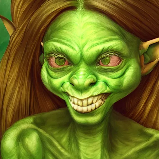 Prompt: Very detailed illustration of a beautiful goblin girl, green skin, big beautiful ears, digital concept art