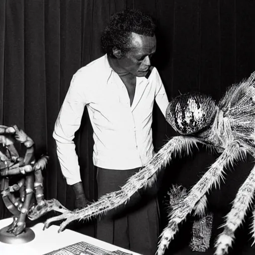 Image similar to miles davis shaking hands with a giant humanoid tarantula