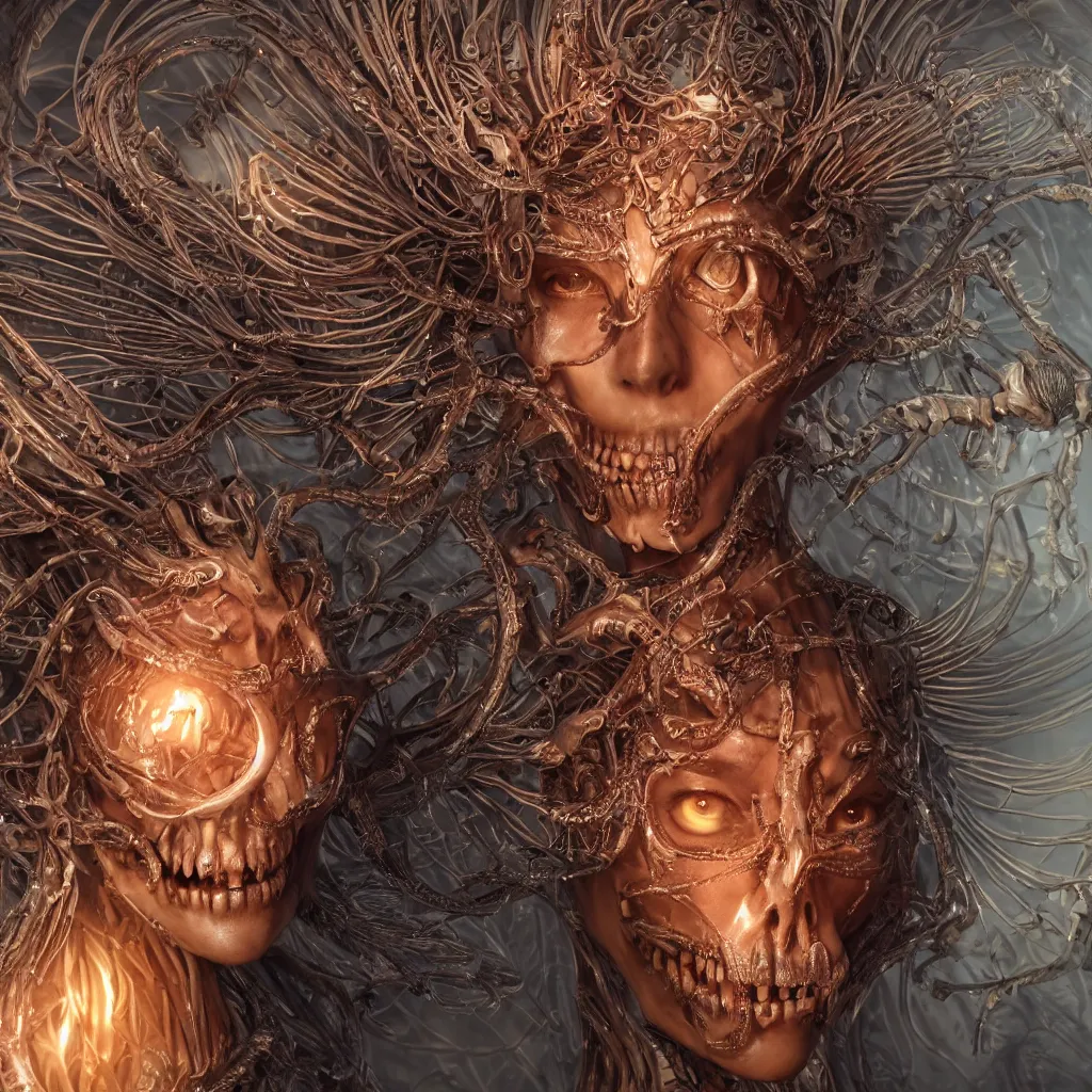 Image similar to close-up macro portrait of the face of a beautiful princess with animal skull mask, epic angle and pose ribcage skeleton, symmetrical artwork, 3d with depth of field, blurred background, cybernetic jellyfish female face skull phoenix bird, translucent, nautilus, energy flows of water and fire. a highly detailed epic cinematic concept art CG render. made in Maya, Blender and Photoshop, octane render, excellent composition, cinematic dystopian brutalist atmosphere, dynamic dramatic cinematic lighting, aesthetic, very inspirational, arthouse. y Greg Rutkowski, Ilya Kuvshinov, WLOP, Stanley Artgerm Lau, Ruan Jia and Fenghua Zhong