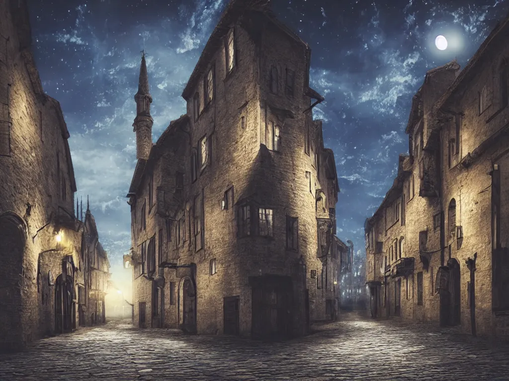 Prompt: moonlit medieval city street, moon covered with thin long horizontal clouds, photorealistic