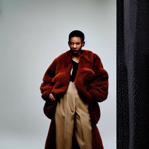 Image similar to realistic photoshooting for a new balenciaga lookbook, color film photography, portrait of a beautiful woman, model wearing a sherpa jacket, by photo in style of Tyler Mitchell, 35mm,