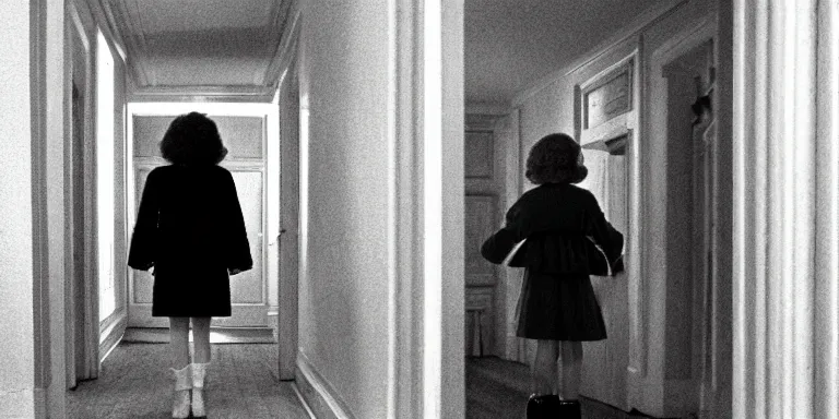 Image similar to photorealistic ultra wide cinematography of danny and wendy torrance from stanley kubrick's 1 9 8 0 film the shining, walking inside and navigating through the hedge labyrinth outside overlook hotel shot on 3 5 mm eastman 5 2 4 7 film by the shining cinematographer john alcott shot on a wide kinoptik tegea 9. 8 mm lens. with golden ratio composition