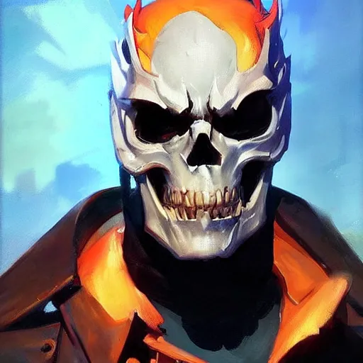 Image similar to greg manchess portrait painting of ghost rider as overwatch character, medium shot, asymmetrical, profile picture, organic painting, sunny day, matte painting, bold shapes, hard edges, street art, trending on artstation, by huang guangjian and gil elvgren and sachin teng