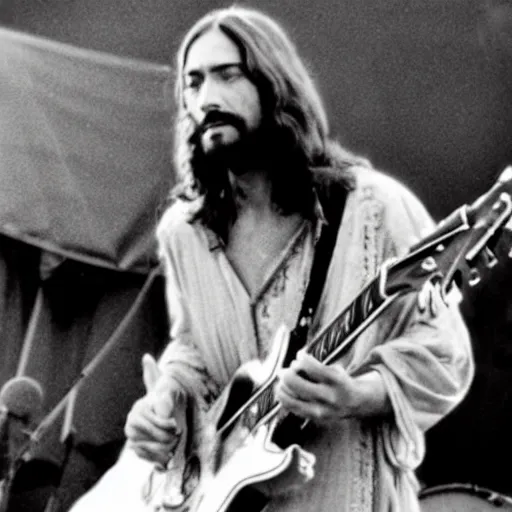 Prompt: Concert footage of Jesus playing guitar at Woodstock