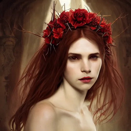 Image similar to portrait of beautiful vampire, flower crown, extreme thorns everywhere, headshot, neck up, head only, pale skin, 4k, rule of thirds, extreme detail, detailed drawing, trending artstation, hd, fantasy, D&D, realistic lighting, by Alphonse Mucha, Greg Rutkowski, sharp focus, backlit, bright red hair