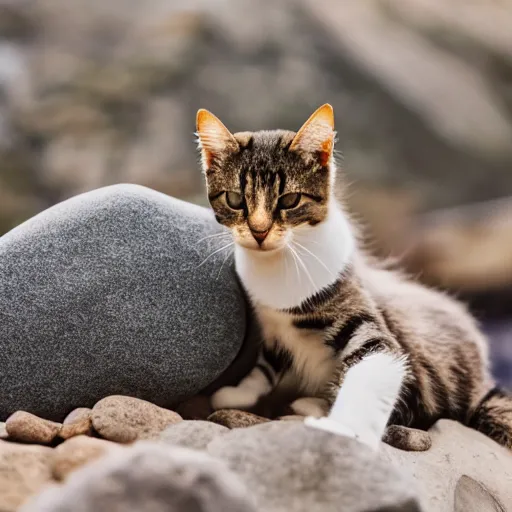 Image similar to cute cat with a dog body purring in front of a large rock, 8 k