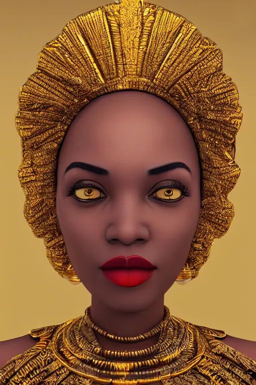 Prompt: a photorealistic portraitof a detailed african queen wearing a golden dress during her coronation worship, tarot, religious, backlit, hyperrealistic, ultrawide angle, smooth, texture, intricate, fantasy, trending on artstation, volumetric lighting, hyperdetailed, 3 d sculpture, unreal engine