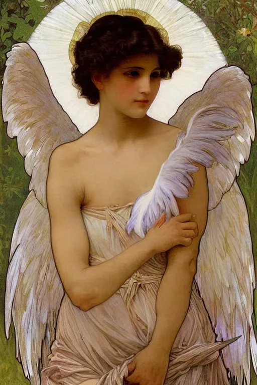 Image similar to painting of a beautifully dressed angel with huge feather wings, intricate, elegant, hyperdetailed by alphonse mucha and william - adolphe bouguereau and john william waterhouse