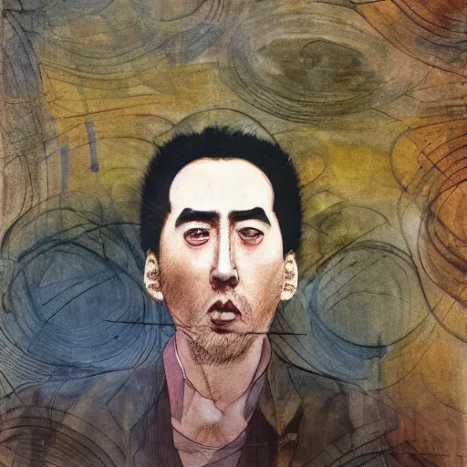 Image similar to yoshitaka amano blurred and dreamy realistic three quarter angle portrait of a nicolas cage, junji ito abstract patterns in the background, satoshi kon anime, noisy film grain effect, highly detailed, renaissance oil painting, weird portrait angle, blurred lost edges