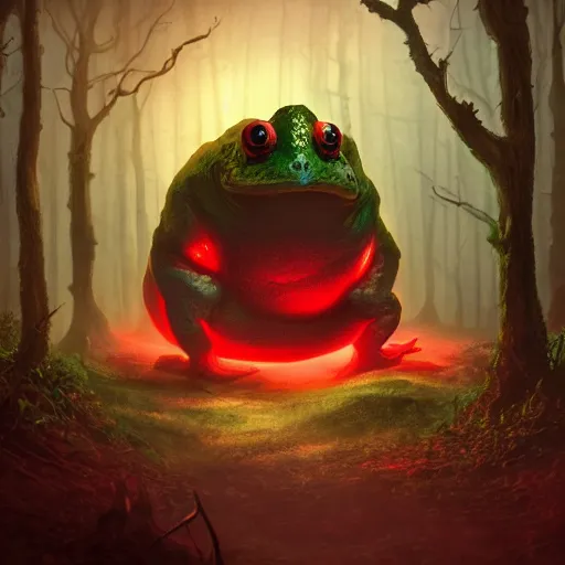 Image similar to giant evil monsterous slimy toad in the dark forest, glowing red eyes, slimy toads, dark night, midnight, foggy, atmospheric, highly detailed, hyperrealistic, gothic horror, trending on artstation, digital art, dark fantasy