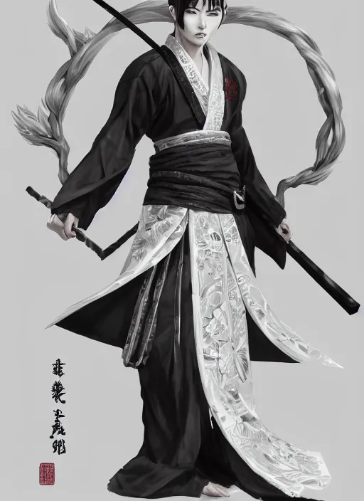 Image similar to a highly detailed illustration of fierce short white haired young japanese man wearing hakama, black sclera eyes, dramatic serious pose, intricate, elegant, highly detailed, centered, digital painting, artstation, concept art, smooth, sharp focus, league of legends concept art, wlop