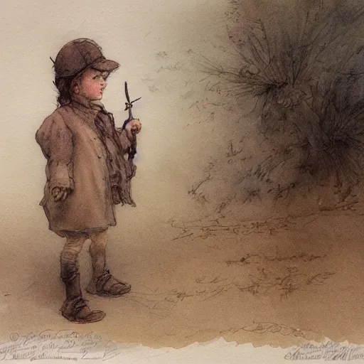 Image similar to portrait of a child standing and facing front looking strait ahead a muted color watercolor sketch of story book character ifrom the book Baltimore & Redingote by Jean-Baptiste Monge of an old man in the style of by Jean-Baptiste Monge that looks like its by Jean-Baptiste Monge and refencing Jean-Baptiste Monge