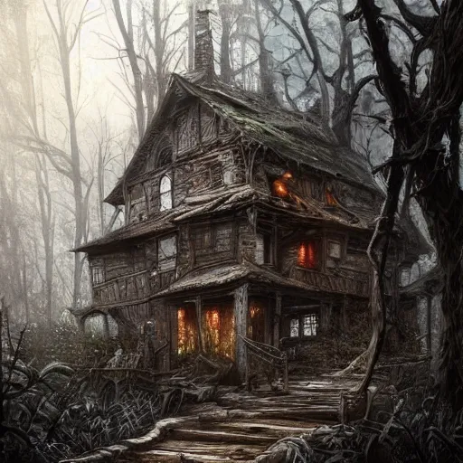 Image similar to dilapidated broken wooden house, tucked within the witchwood forest, evil fairies, overgrown, detailed intricate ink illustration, dark atmosphere, detailed illustration, hd, 4k, digital art, overdetailed art, concept art, by greg rutkowski, by loish, complementing colors, Trending on artstation, deviantart