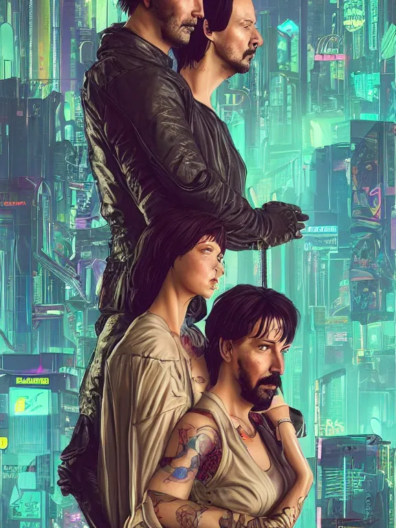 Image similar to a cyberpunk 2077 couple portrait of Keanu Reeves and V,love story,film lighting,by laurie greasley,Lawrence Alma-Tadema,William Morris,Dan Mumford,trending on atrstation,FAN ART,full of color,Digital painting,face enhance,highly detailed,8K, octane,golden ratio,cinematic lighting