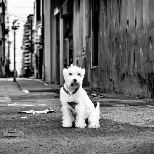 Prompt: a white schnauzer dog with spreaded wings sitting on the street of an abandoned dystopic city, hyprrealism, 5 5 mm photo
