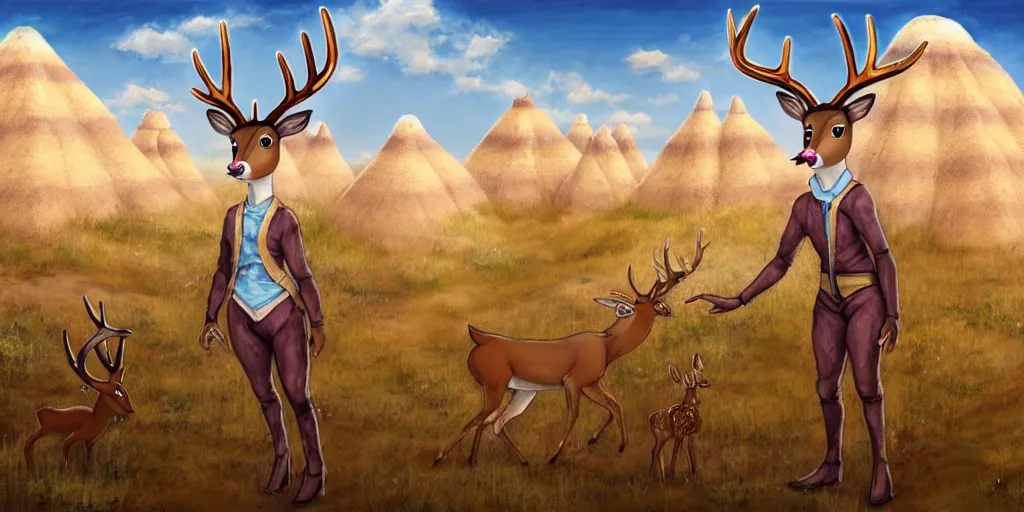 Image similar to a transgender queer lgbt anthropomorphic deer doe is visiting a merchant town of flower huts in the badlands, matte oil painting, salt dunes, rust, retrofutistic, science fantasy, rpg, roguelike, epic, plants