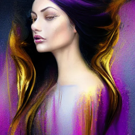 Image similar to masterpiece dynamic portrait of an aesthetic beautiful realistic black haired woman, gold and purple strands, 3 0 years old woman, mid long hair, black eyed, by joachim bergauer and wlop, artstation, deviantart, large view, motion blur, high aperture, pouring acrylic chaotic background, curves and splashes, detailed, intricate, 8 k