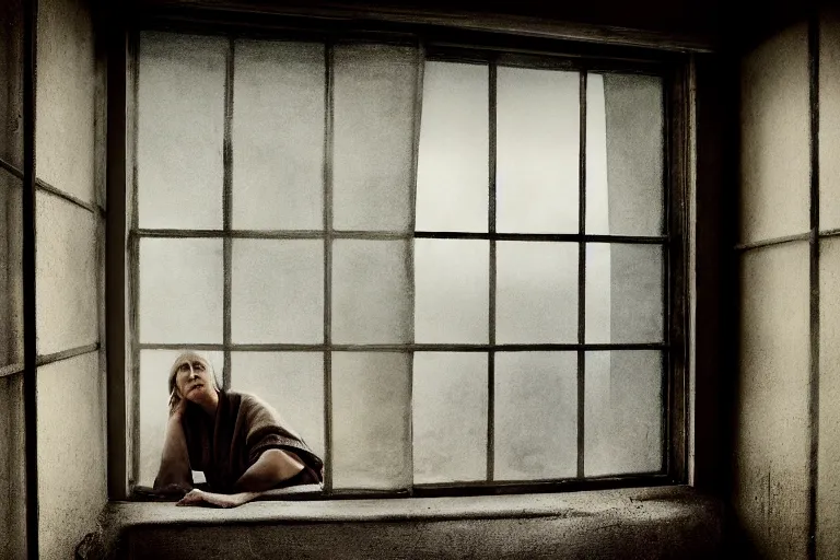 Image similar to a cinematic painting of an old female prisoner inside of jail cell looking out of a window onto a beautiful serene landscape, beautiful lighting, high depth, ultra realistic, artistic, by annie leibovitz, by hendrik kerstens