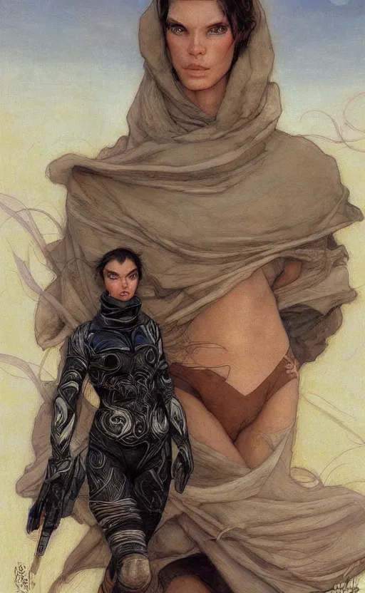 Image similar to beautiful female fremen on dune, by edgar maxence artgerm ross tran and michael whelan and gustav klimpt