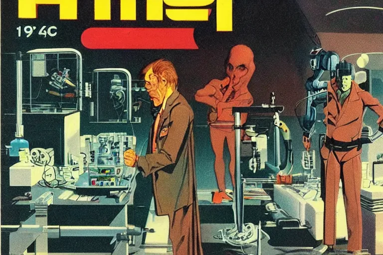 Image similar to 1979 OMNI Magazine Cover depicting Dr Jeckyll and an evil robotic Mr Hyde standing in a laboratory. Cyberpunk Akira style by Vincent Di Fate