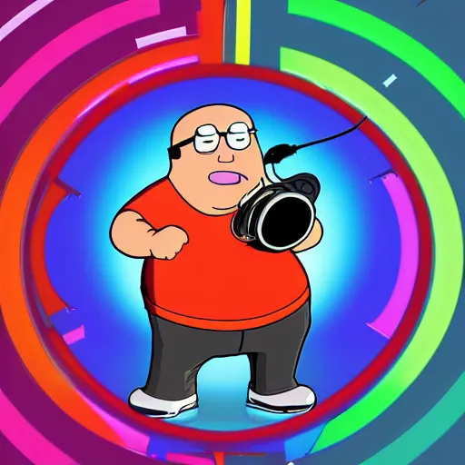 Image similar to svg sticker of a Family-Guy Peter-Griffin at a rave, spinning records, giant headphones rocking out, wearing headphones, huge speakers, dancing, rave, DJ, spinning records, digital art, amazing composition, rule-of-thirds, award-winning, trending on artstation, featured on deviantart